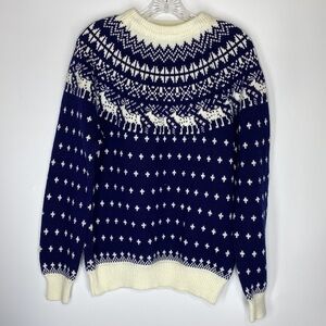 Vintage South Channel Reindeer Scandanavian Nordic Sweater Blue Crew Large